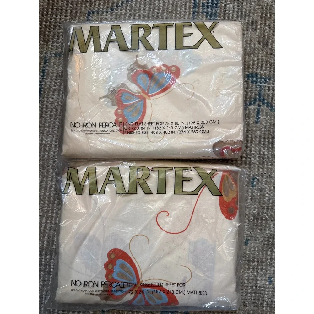 Vintage Martex Volante Butterfly King Flat & Cal King Fitted Sheet Set NOS 70s